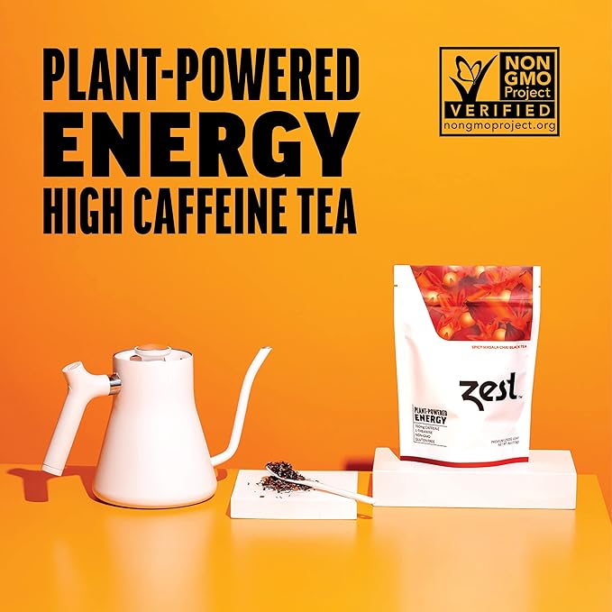 Zest Energy Black Tea - Spicy Masala Chai Loose Leaf Blend - High Caffeine Cardamom Ginger Tea with Cinnamon - Caffeinated Coffee Altnernative - Natural Non-GMO &amp Keto - 50 Servings - 150mg Caf