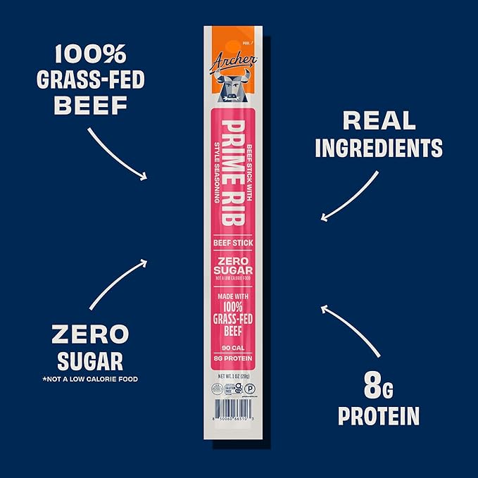 Archer Jerky Prime Rib Style Beef Jerky Sticks - Grass Fed Beef Individually Wrapped Protein Snack Packs Bulk Gluten Free Paleo Keto - 1 oz Meat Sticks (Pack of 36)