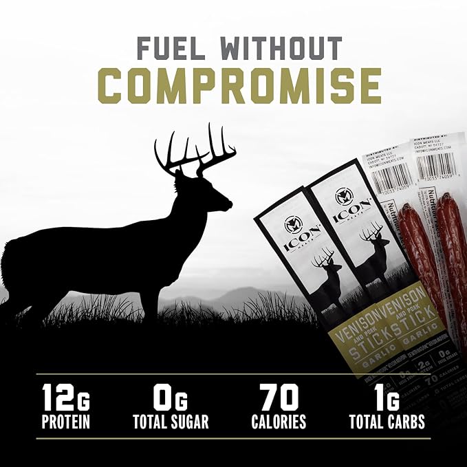 ICON Meats Venison and Pork Snack Sticks Garlic Flavor 24 Pack High Protein Snacks Sugar Free Natural Jerky Meat Sticks Gluten Free USDA Inspected Made in the USA Gifts for Him