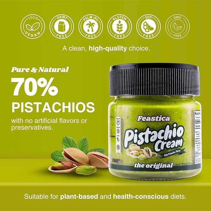 FEASTICA Pistachio Cream Original – 70% Pistachio Spread Rich Nutty Gluten-Free Vegan No Palm Oil – Ideal for Toast Pastries and Gourmet Recipes