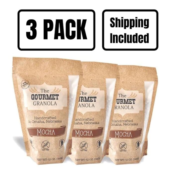 The Gourmet Granola Mocha Granola | Healthy Snack | Gluten Free Soy Free Dairy Free | Adds a Chocolatey Crunch to Yogurt &amp Vanilla Ice Cream | Enjoy Hot or Cold | Nebraska Made | 12 oz Bag | 3 P