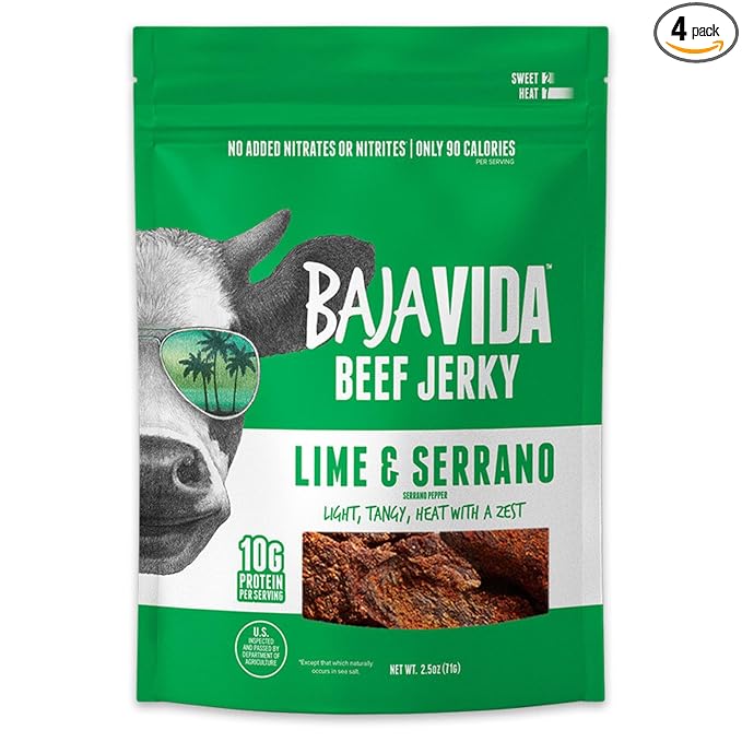 BAJA BEEF Vida Lime &amp Serrano Pepper Beef Jerky - Sweet and Spicy Beef Jerky Snack Packs Healthy Gluten-Free All-Natural No MSG Made in the USA - 2.5 Oz Bags (Pack of 4)