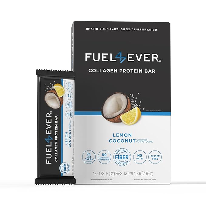 Fuel 4 Ever Collagen Protein Bars | 15G Protein Gluten Free Dairy Free No Stevia or Artificial Ingredients Added Sweetened with Honey | Lemon Coconut Flavor (Box of 12)