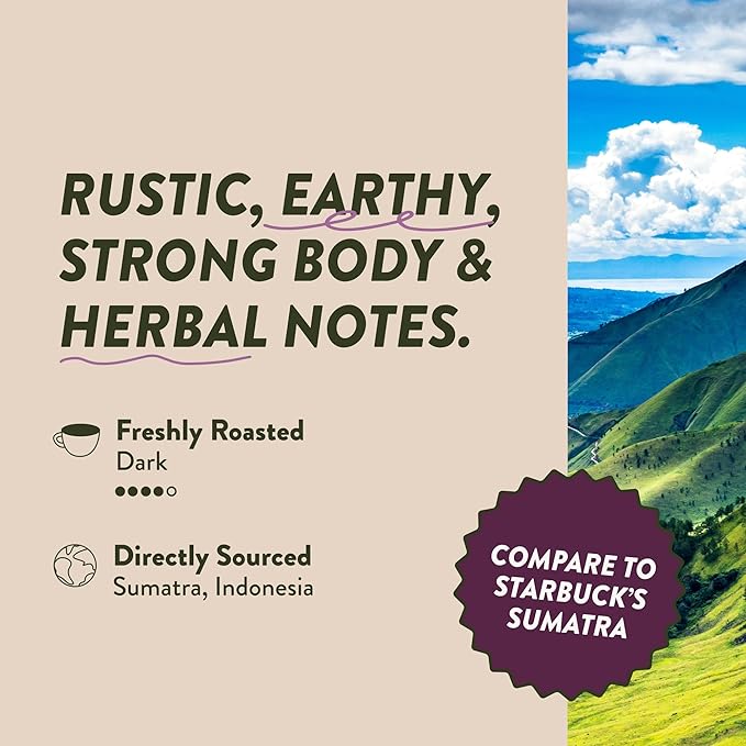 Angelino's Coffee Sumatra Dark Roast - Single Serve Sumatra Coffee Pods for Keurig Coffee Makers - Full-Bodied Earthy Tasting Notes - Small Batch Roasted Recyclable Pods Compatible with K-Cup Brewer