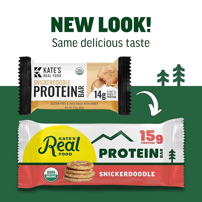 Kate’s Real Food Organic Protein Bars – (Snickerdoodle 2.2 oz Pack of 12) – Plant Based Protein Bars - Gluten Free Soy Free Non GMO Whole Grains and All Natural