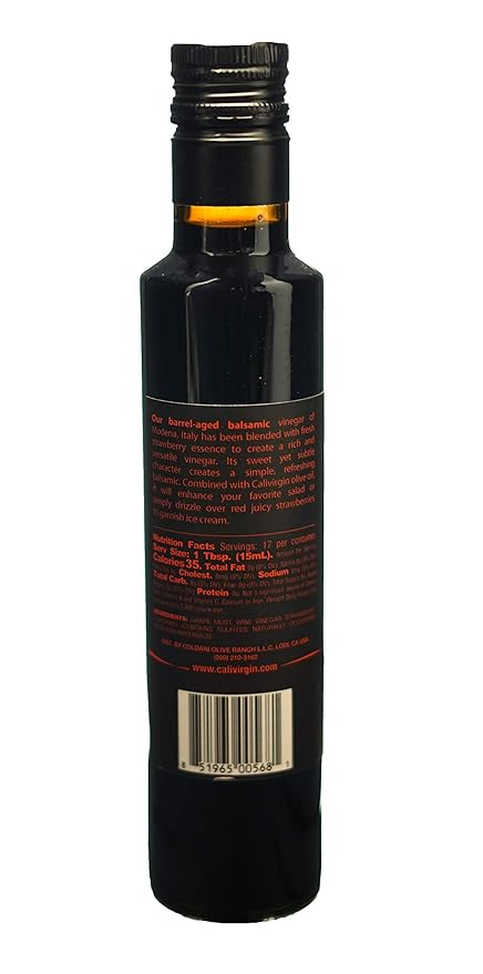 Calivirgin Balsamic Vinegar - Strawberry Flavored Traditional Balsamic Vinegar - Thick Velvety Authentic Italian Balsamic Vinegar - Gourmet Vinegar - Barrel Aged Balsamic Vinegar Bottle - 250ml