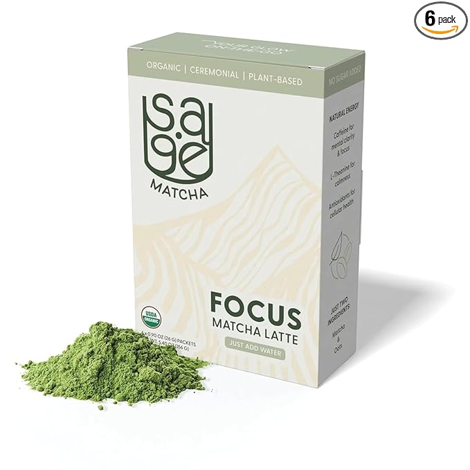 Sage Matcha Focus Organic Matcha Latte Packets - Ceremonial Grade Japanese Matcha Powder with Oat Milk - Unsweetened Plant-Based Instant Matcha Latte Drink Mix Dairy-Free - 6 Single-Serve Sticks