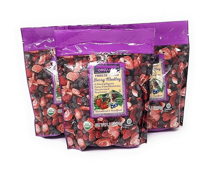 Organic Freeze Dried Berry Medley (A Blend of Organic Blueberries Strawberries and Raspberries) Net Wt. 1.2 Oz (34g) - Pack of 3