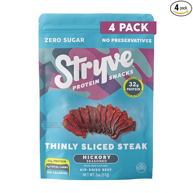 Stryve Protein Snacks - Better Than Jerky Steak Snacks. Protein Rich Beef Biltong | 32g Protein Sugar Free Carbs Free Gluten Free Dairy Free Keto &amp Paleo Friendly | Hickory Pack Of 4