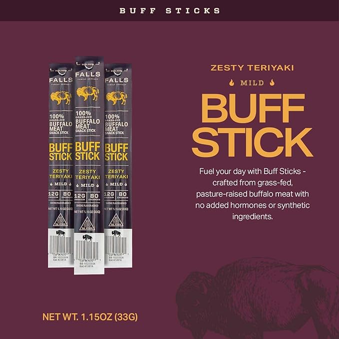 Grass-Fed Buffalo Meat Snack Sticks Zesty Teriyaki Sweet by Falls Family Ranches 12 Pack 1.15oz Stick Carton 12g Protein 2g Sugar 80 Calories