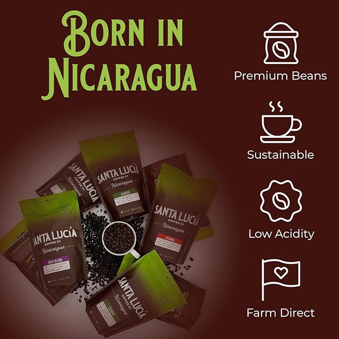 Santa Lucia Coffee - Grand Reserve Classic Medium Roast Nicaraguan Coffee - Medium Roast - 91 Point Specialty Grade - Low Acididity - Bright &amp Smooth - Strong &amp Bold Flavor - Whole Bean - 16oz