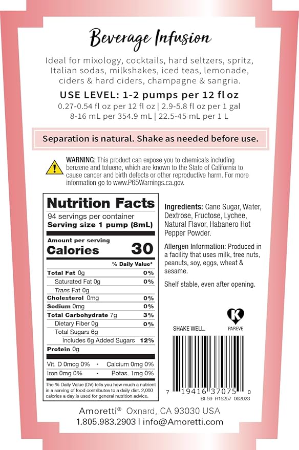 Amoretti - Spicy Lychee Beverage Infusion (10 lbs) - Drink Mix &amp Water Enhancer with Pump for Flavoring Cocktails Waters Teas Mocktails and other Beverages Preservative Free Gluten Free