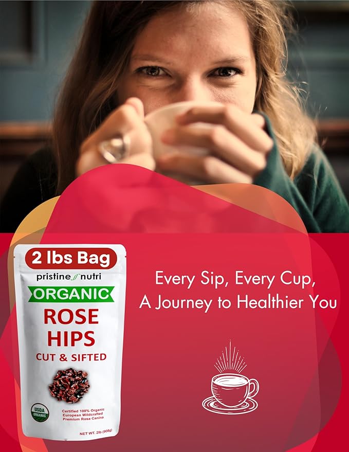 2 lb (32 oz) 100% USDA Organic Rose Hips Dried Bulk Rosehips Cut &amp Sifted Shells 95% Seedless European All Natural Makes 140 Cups of Vitamin C Rich Tea (Packaging May Vary)