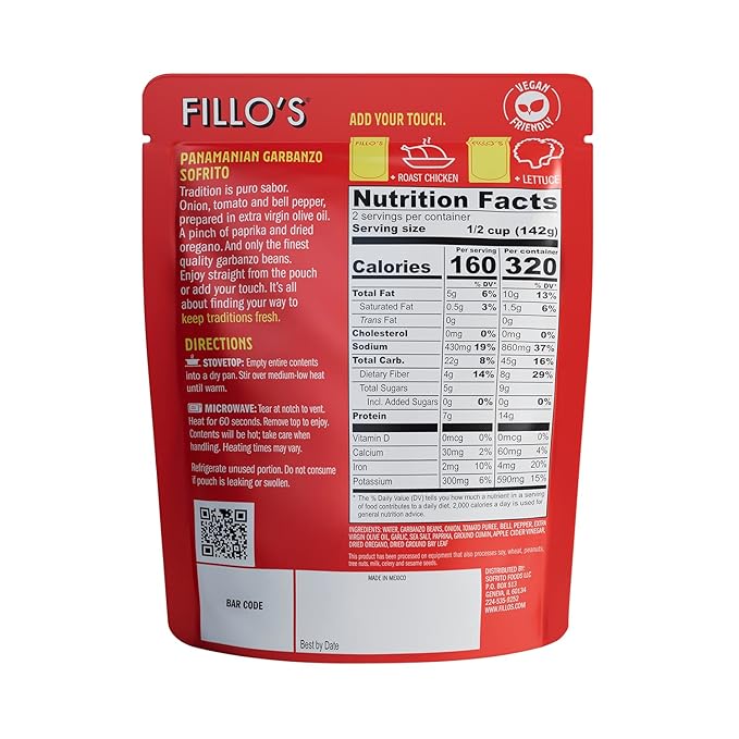 Fillo's Panamanian Garbanzo Beans Ready to Eat Beans 10 oz Pk of 6 Gluten-Free Preservative-Free Microwavable Meals Non-GMO Vegan Plant Protein