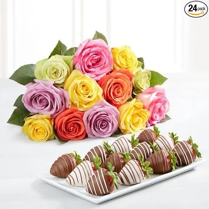 Shari’s Berries 12 Assorted Roses &amp 12 Gourmet Chocolate Covered Strawberries Gift Set| Flower &amp Chocolate Gift Delivery for Valentine's Day Anniversary Birthday &amp Thank You (No Vase)