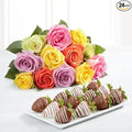 Shari’s Berries 12 Assorted Roses &amp 12 Gourmet Chocolate Covered Strawberries Gift Set| Flower &amp Chocolate Gift Delivery for Valentine's Day Anniversary Birthday &amp Thank You (No Vase)