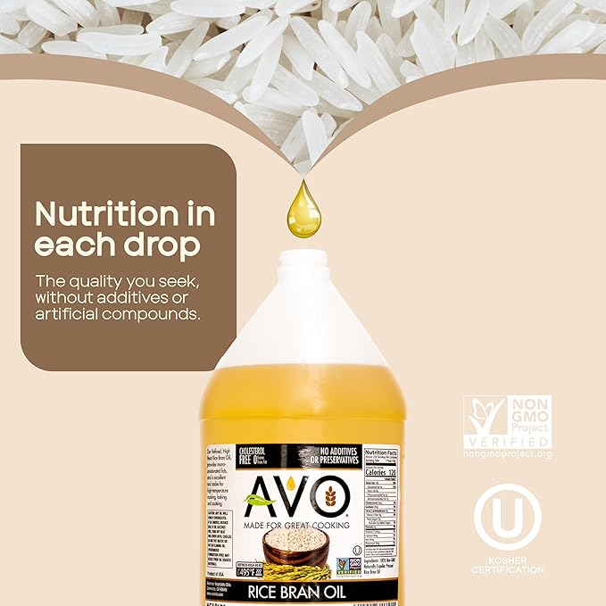 AVO Rice Bran Oil for Cooking or Frying 1 Gallon NON-GMO No Preservatives High Smoke Point 490°F Rice Oil