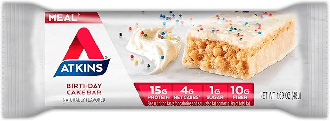 Atkins Birthday Cake Protein Meal Bar High Fiber 15g Protein 1g Sugar 4g Net Carbs Meal Replacement Keto Friendly 30 Count
