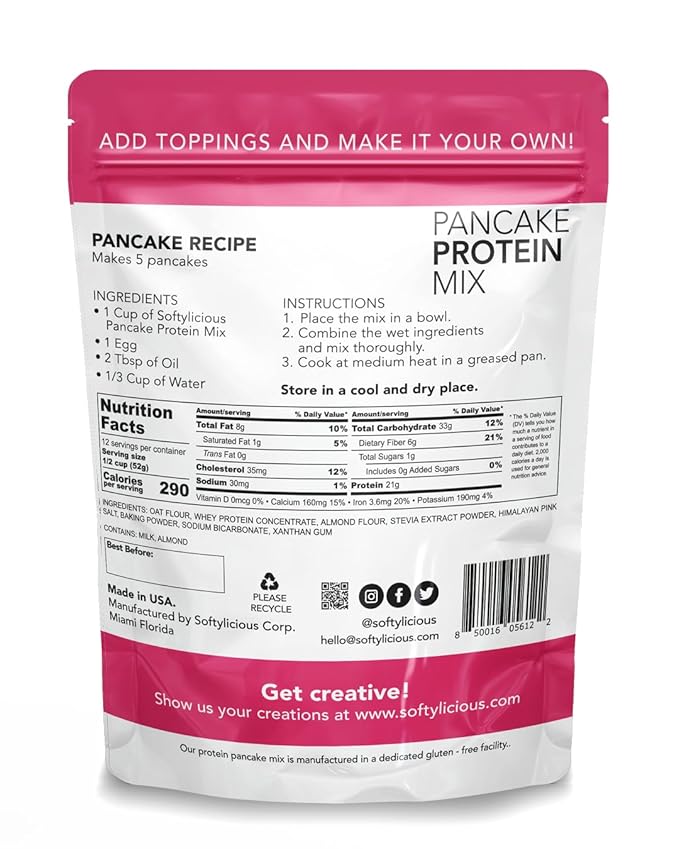 Softylicious High-Protein Pancake Mix – 21g Protein Per Serving Customizable with Your Favorite Toppings – Gluten Free Low Carb Sugar Free High Protein Pancake Mix Easy breakfast or Snack