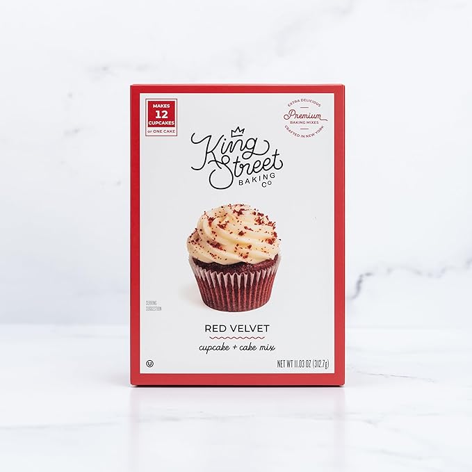 King Street Baking Co Red Velvet Cupcake &amp Cake Mix - Premium Ingredient Box Mix - Makes 12 Cupcakes or 8 Inch Sheet Cake - 1 Pack