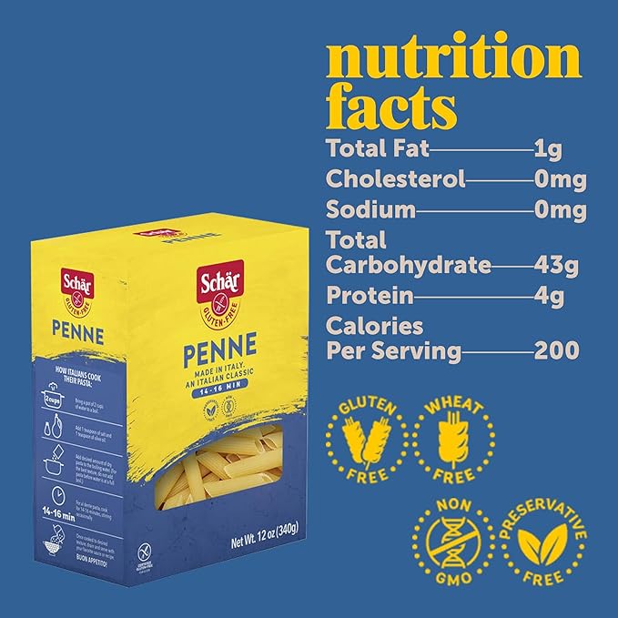 Schar - Penne - Certified Gluten Free - No GMO's Lactose or Wheat - (6.2 oz) 10 Pack