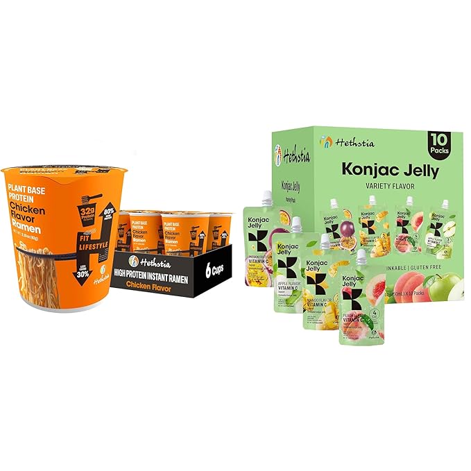 Hethstia High Protein Ramen Cup &amp Konjac Jelly Bundle – Chicken Flavor Protein Ramen with Drinkable Konjac Jelly Variety Vegan Low Fat Low Calorie Healthy Meal &amp Snack Combo