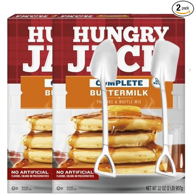 Hungry Jack Complete Buttermilk Pancake and Waffle Mix – Two 32 oz Boxes (4 lbs Total) – Includes Candy Freezer Mini Metal Shovel Spoons – No Artificial Flavors or Colors - Shovel Spoons