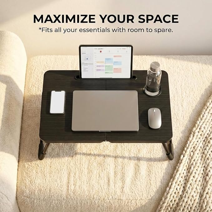 BUYIFY Foldable Laptop Bed Desk for Couch Sofa - Large Lap Desk Tray Table with Cup Holder and Tablet Slot - Portable Notebook Stand for Eating Writing Studying and WFH (Black)- USA Original Patent