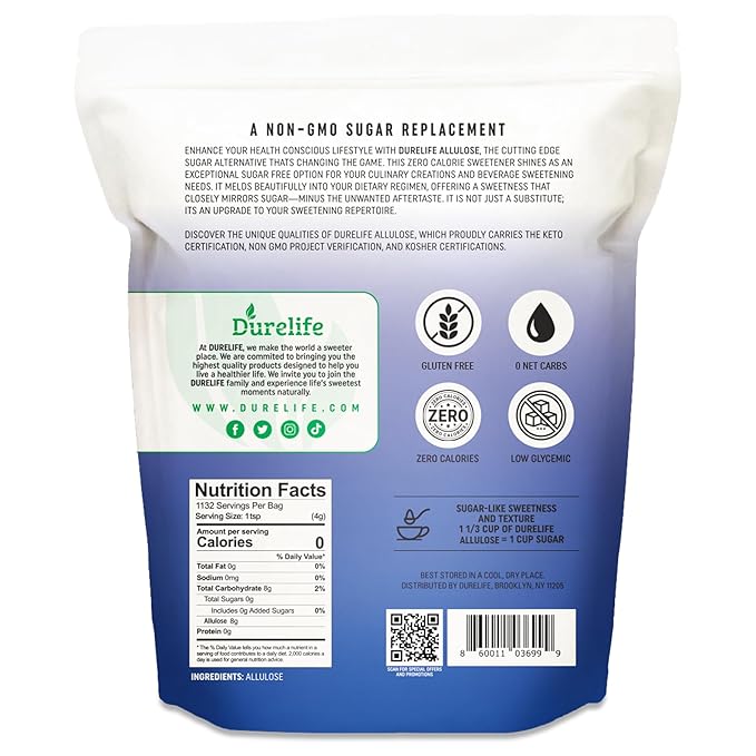 Durelife Allulose sweetener 10 lb 100% Pure No Erythritol powdered Sugar Substitute NON-GMO Project Verified Keto Certified OU kosher No Fillers Zero Calories sugar alternative 10 Lbs