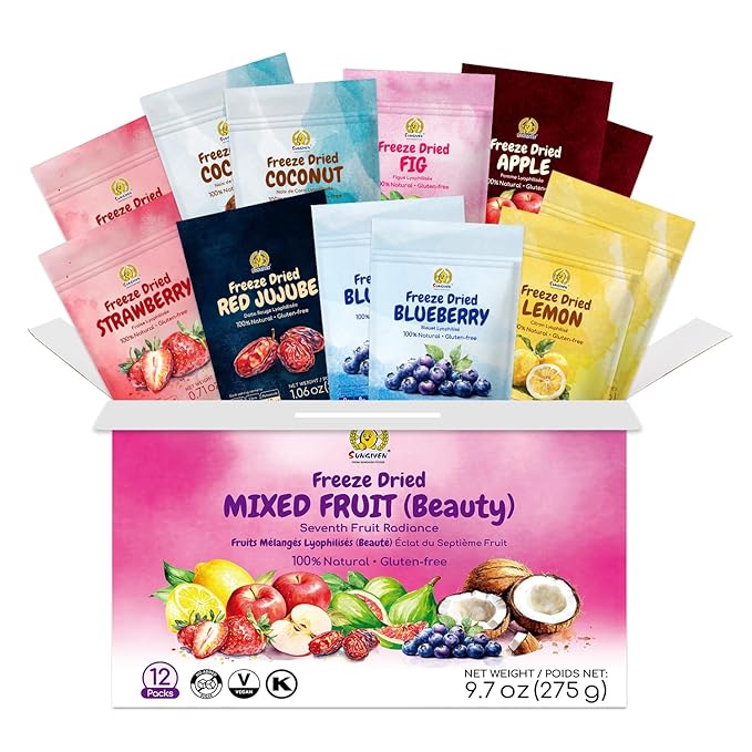 SUNGIVEN Freeze Dried Fruit Mixed for Beauty Variety Pack of 12 Bag 7 Kinds of Fruit Health Snack Rich in Vitamins Apple Strawberry Blueberry Lemon Coconut Fig Red-Dates No Sugar Added 9.7 oz
