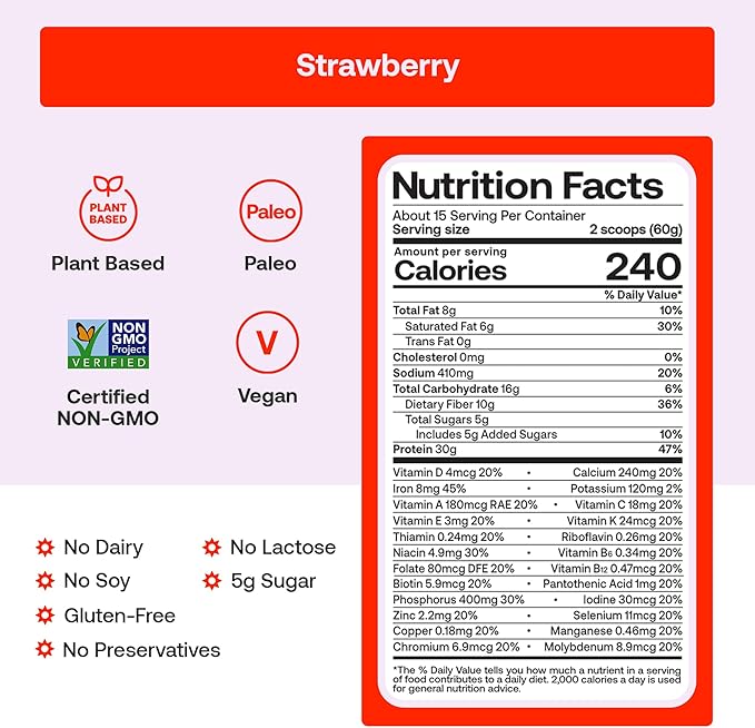 Happy Viking Plant-Based Protein Powder +100 Superfoods Strawberry Meal Replacement Shake Created by Venus Williams 30g Plant Protein 10g Fiber Vegan Gluten-Free Non-GMO15 Meals