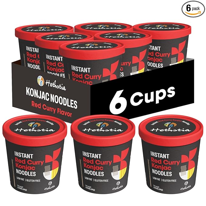 Hethstia Konjac Noodles Red Curry Soup Cups – 6-Pack Shirataki Angel Hair Pasta Low Carb (4g) Instant Konjac Spicy Red Curry Broth Gluten-Free Low Sugar Low Fat Healthy Asian Ramen