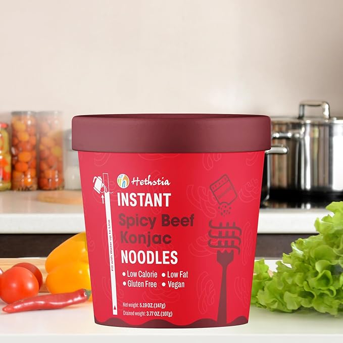 Hethstia Konjac Noodle Spicy Beef Soup 6-Pack Instant Shirataki Pho Soup Cup Low-Calorie 34.32 oz Konjac Pho Pasta Spicy Beef Broth Sugar-Free Low-Carb Gluten-Free Vegan Healthy Asian Meal