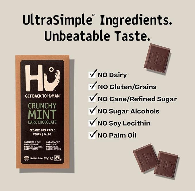 Hu Chocolate Bars | 6 Pack Crunchy Mint Chocolate | Natural Organic Vegan Gluten Free Paleo Non GMO Fair Trade Dark Chocolate | 2.1oz Each