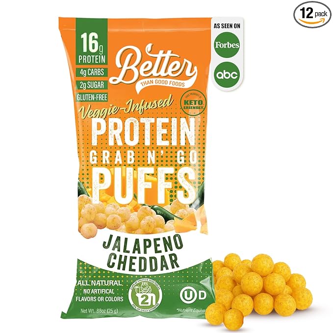Better Than Good Savory Keto Jalapeno Cheddar Protein Puffs | Gluten-Free -16g Protein Low Sugar Low Calorie Diabetic Friendly Snacks | Low carb Healthy Kids Snack | No Artificial Flavours (12-Pac