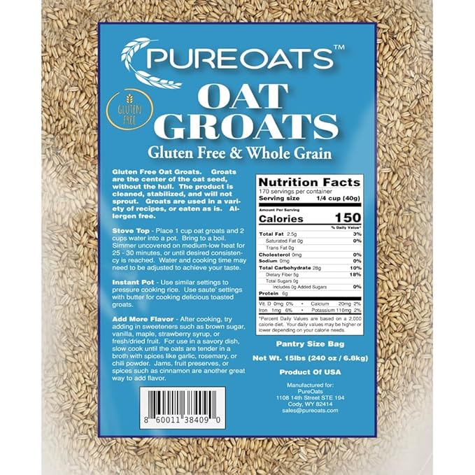 PureOats Gluten Free Oat Groat Oats Whole Grain 15 lb Pantry Size Bag 100% Whole Grain Vegan Allergen Free for Healthy Breakfast and More
