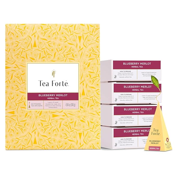 Tea Forte Blueberry Merlot Premium Caffeine-Free Herbal Tea Blend Event Box Bulk Pack 40 Count 10 per tray Individually Wrapped Handcrafted Pyramid Infusers