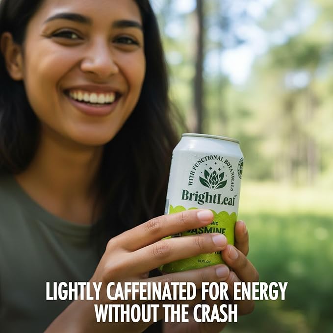 BrightLeaf Jasmine Green Sparkling Tea with Functional Benefits For Focus – Regenerative Organic Lightly Caffeinated Zero Sugar Zero Calories Zero Sweeteners – 12oz Cans 12-Pack – Craft-Brewed wi