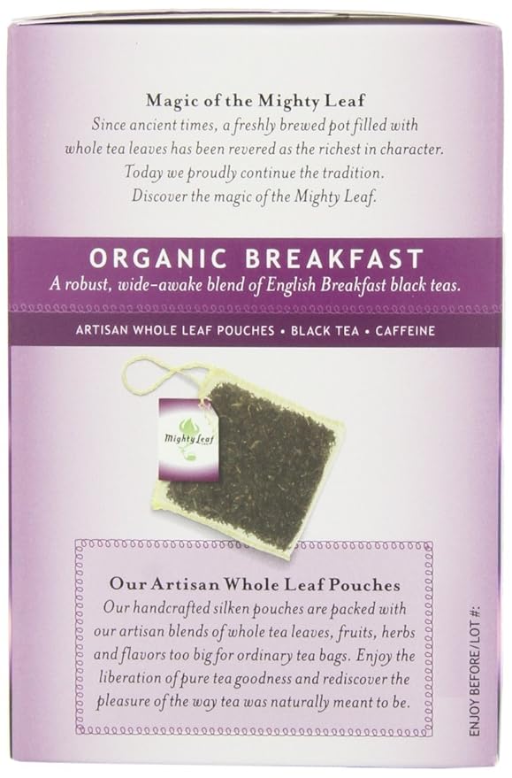 Mighty Leaf Organic Breakfast Black Tea – 45 Count (3 Packs of 15) Silken Pouches – Premium Whole Leaf Caffeinated Tea – Bold English Breakfast Blend for Hot or Iced Brewing