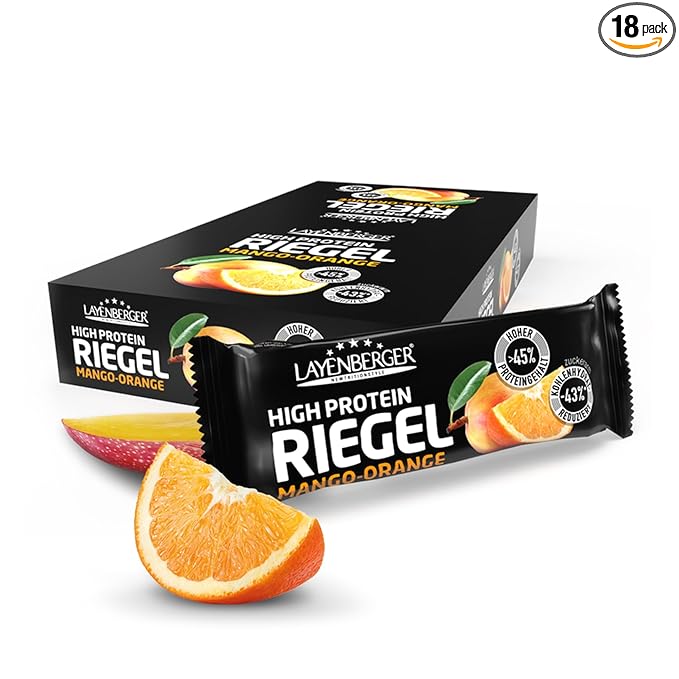 Layenberger High Protein Bar Fitness Power Bar Lots of Protein Low Sugar Pack of 18 (18 x 35 g) - Mango Orange