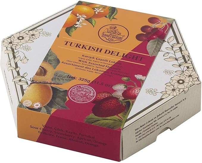 Turkish Delight by Haci Bekir - Assorted Juicy Fruit Flavors (Cherry Strawberry Apricot Orange) – Vegan Gluten-Free Halal and Dairy-Free Gummy Candy Dessert - 325GR/11.5OZ Gourmet Box