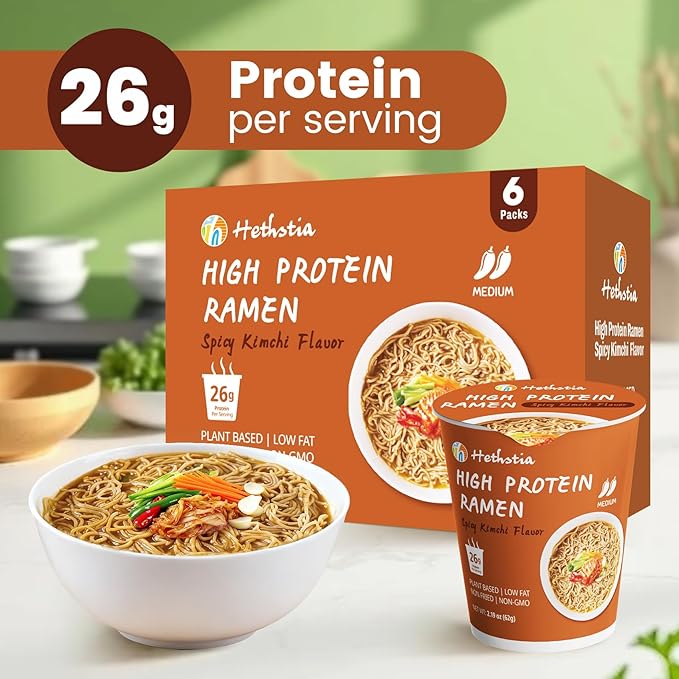 Hethstia High Protein (26g) Ramen Cup Noodles Spicy Kimchi Flavor 6 Count Plant Based Vegan Noodle Soup Non Fried Low Sugar Low Fat Ready to Eat Healthy Asian Meal &amp Holiday Gift