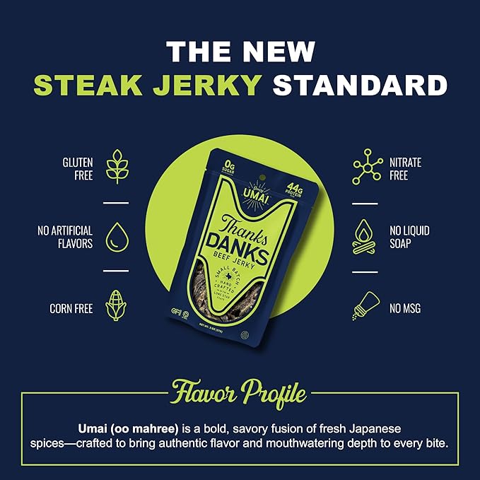Thanks Danks - Umai - Small Batch Grass-Fed Steak Jerky - Sugar Free Gluten Free Nitrate Free - Guilt-Free Protein Snack - 57g (3 Pack)