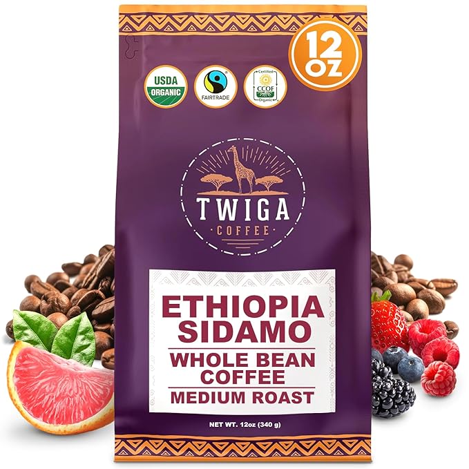 Twiga Coffee Premium Ethiopian Sidamo Whole Bean Coffee – Organic Medium Roast Arabica with Berry Citrus &amp Floral Notes – Single Origin Ethiopia – Freshly Roasted 12 oz