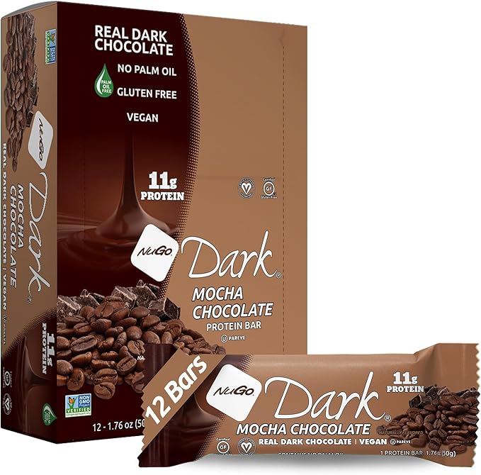 NuGo Dark Chocolate Mocha 11g Protein Bar Vegan Gluten Free Non-GMO Kosher Pareve 12 Count