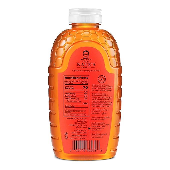 Nate's Texas 100% Pure Raw &amp Unfiltered Honey - 32 oz. Squeeze Bottle - All-natural Sweetener (Pack of 2)