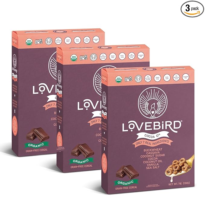 Lovebird Organic Cereal That Actually Tastes Good - 100% Real Food &amp Healthy Gluten Free Cereal No Refined Sugar Paleo Keto Friendly Healthy Snacks for Kids Adults - Cocoa 3-Pack