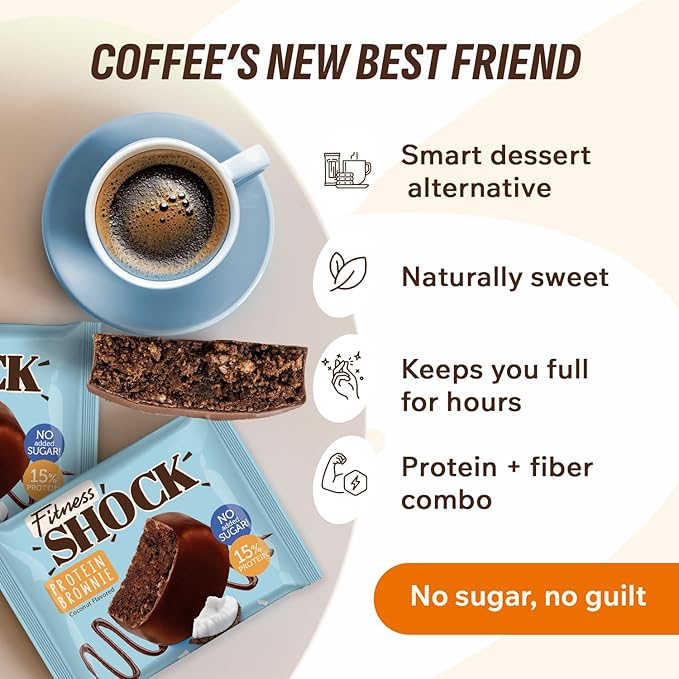 FitnesSHOCK Protein Brownies – Dark Chocolate &amp Coconut Dessert Bars – Low Sugar Dessert Snack (2g Total Sugar No Added Sugar) – Healthy Snack – 10 Count