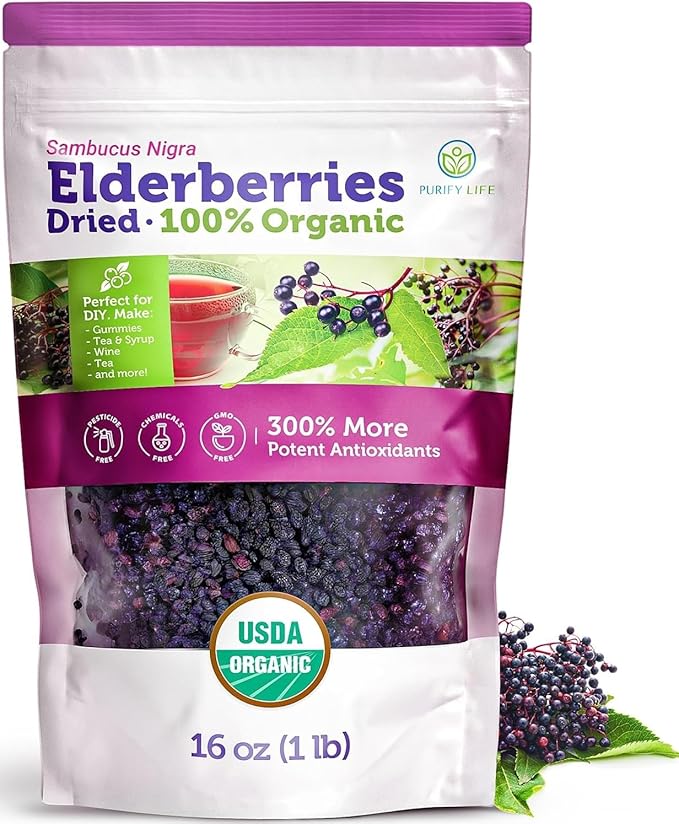 Certified USDA - 100% Organic Dried Elderberries - 1lb Bulk - Non-Irradiated Non-Gmo Whole Black Elderberry Immune Support For Making Elder Syrup Gummies Tea - Raw Vegan Sambucus 1 Pound