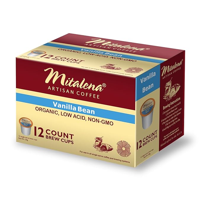 Mitalena Artisan Vanilla Bean Low Acid Coffee Pods for Keurig - Medium Roast K Cups for Acid Reflux Prevention - 96 Organic Coffee &amp Vanilla Flavor Cups